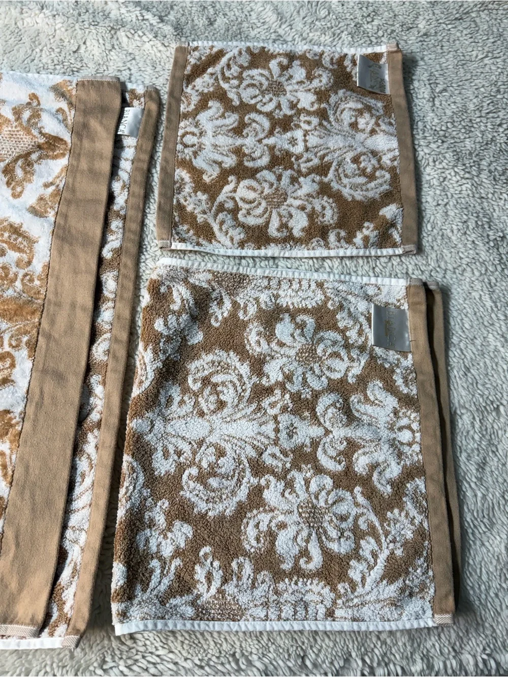 Bianca Exclusive 100% Cotton 3 piece Damask Pattern Towel Set in Beige and White
